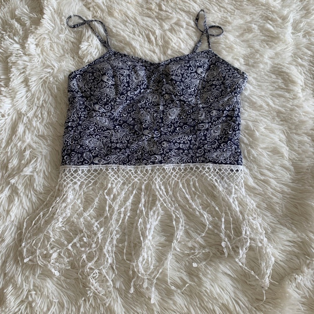 It's Pink Girls Large Navy White Paisley Crochet Fringe Hem Cami Tank Top